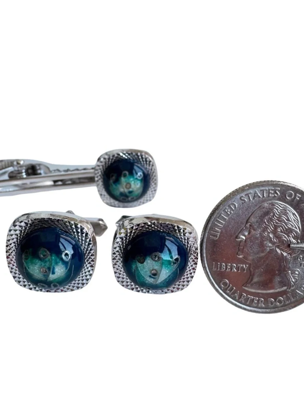 Vintage Japanese Cloisonne Cufflinks Tie Clip Set Blue Green Enamel Formal Groom